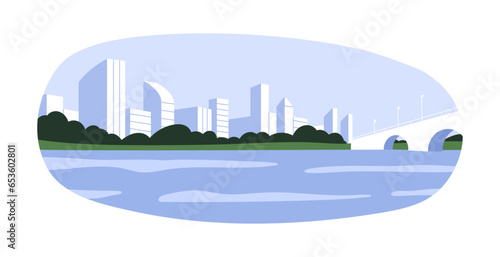 City on river bank. Modern cityscape, skyline, highrise multi-story buildings by water. Waterside real estate. Urban architecture, sky, shore. Flat vector illustration isolated on white background