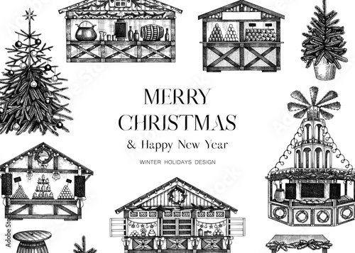 Vintage Christmas background. European Christmas market with souvenir stalls, Christmas tree, fast food, candy shops sketches. Winter holidays invitation or greeting card template. Architecture frame