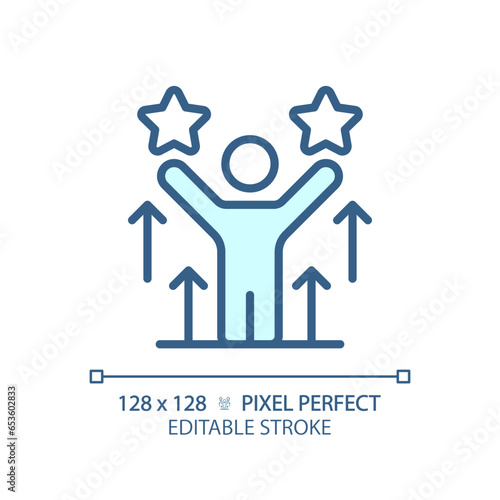 2D pixel perfect editable blue self motivation icon, isolated vector, thin line illustration representing soft skills.
