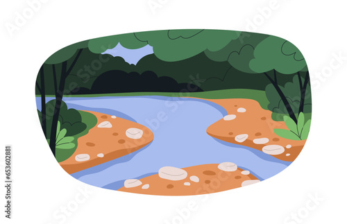 Nature landscape. River in forest. Freshwater, stream flowing in woods among green trees. Summer scenery with fresh water, sand, plants. Flat vector illustration isolated on white background