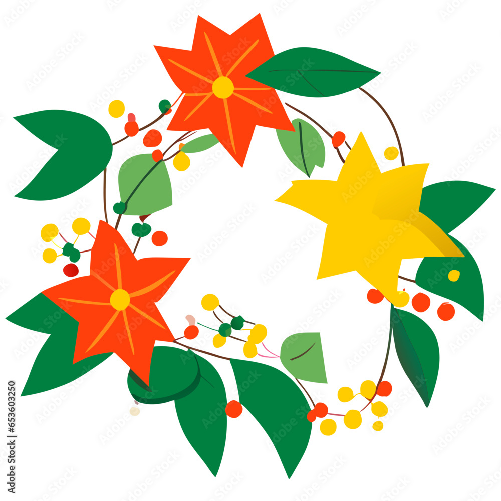 Fototapeta premium The Christmas festival has Christmas trees, lights, ornaments, wreaths, stockings, garlands, snowflakes, and a nativity scene.