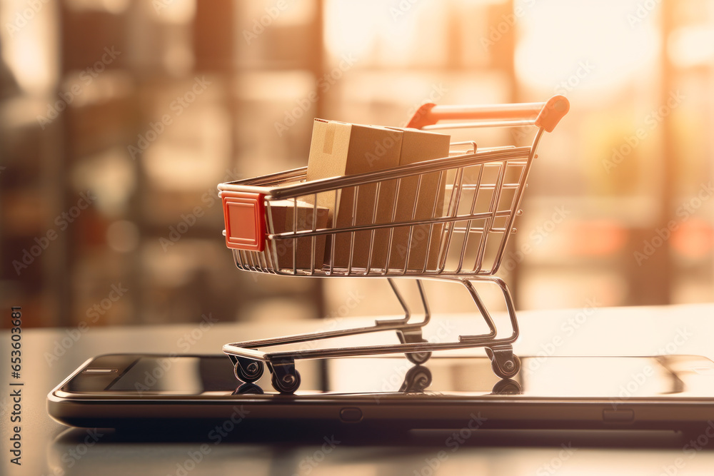 Shopping cart with boxes on smart phone background, online shopping concept Shopping cart with boxes on smart phone background, online shopping concept