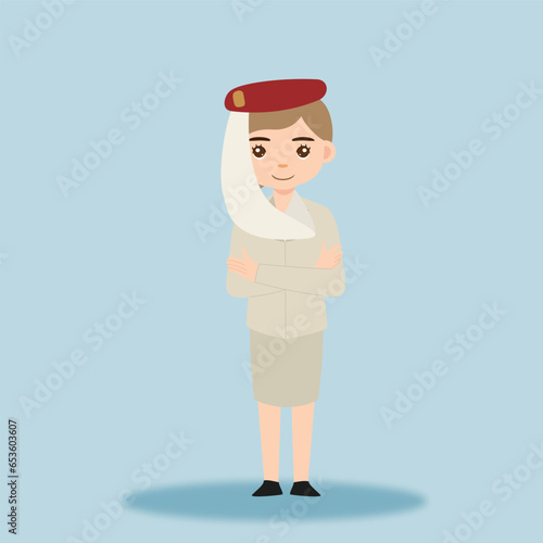 Stewardess. Woman hostess using uniform of boarding airplane girl vector cartoon characters. Stewardess and hostess attendant cartoon illustration