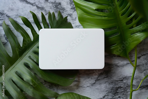 Blank business card mockup with tropical leaves background. photo