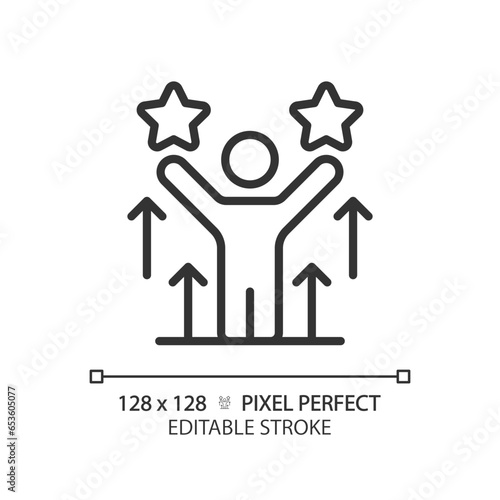 2D pixel perfect editable black self motivation icon, isolated vector, thin line illustration representing soft skills.