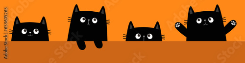 Happy Halloween. Cute black cat set banner. Draw kitten with paw print, eyes, ears. Cartoon kawaii funny baby character. Peeking animal. Childish kids collection. Orange background. Flat design.