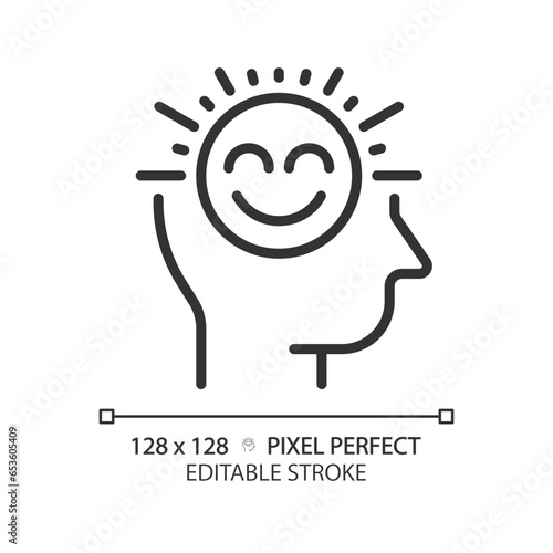 2D pixel perfect editable black positive thinking icon, isolated vector, thin line illustration representing soft skills.