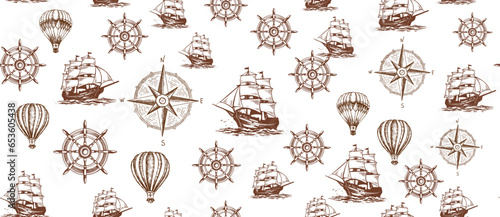 Ship steering wheel, wind rose, Vintage sailing yachts, vector.