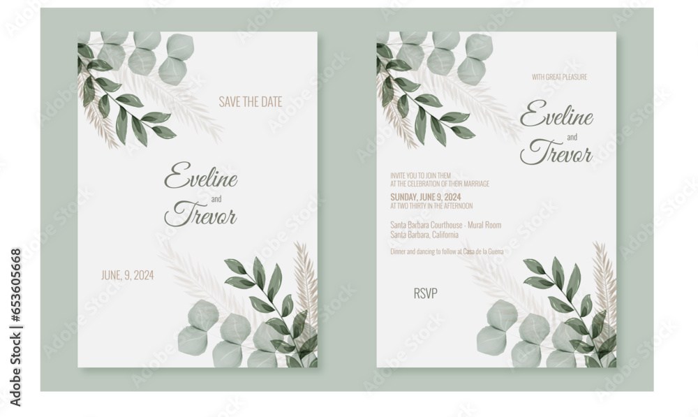 Wedding Invitation Card Layout with green leaves. Style rustic.