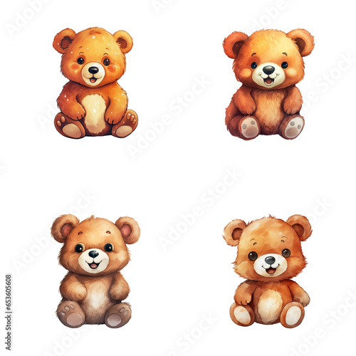 set of cute bear watercolor illustrations for printing on baby clothes, sticker, postcards, baby showers, games and books, safari jungle animals vector