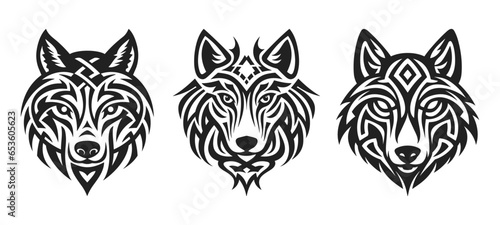 Tribal tattoo of the wolf head in Celtic and Nordic ornament flat style design vector illustration set isolated on white background. Scandinavian Viking symbol of wolf, tribal northern culture tattoo.