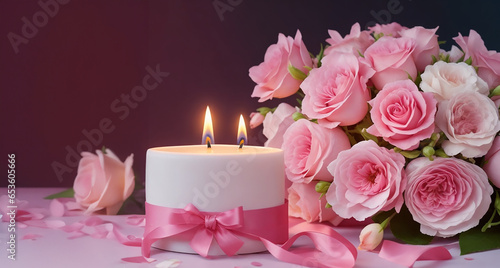 Roses background, beautiful pink roses with white two-wick candle, horizontal