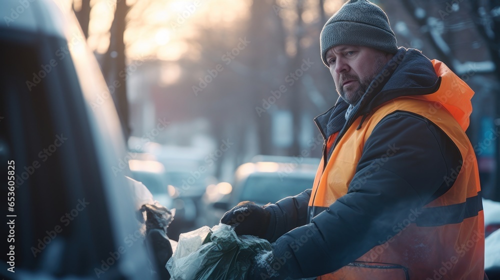 Garbage man working in the morning to picking plastic to garbage truck. - obrazy, fototapety, plakaty 