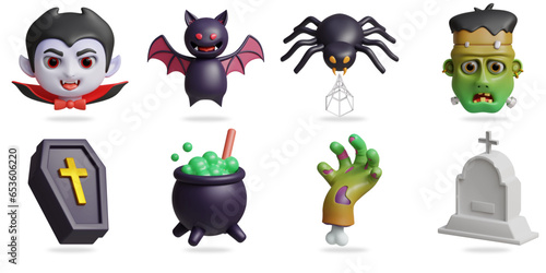 Halloween mascot 3D vector icon set.
Vampire,bat,spider,frankenStein,vampire coffin,magic cauldron,Zombie hand,gravestone