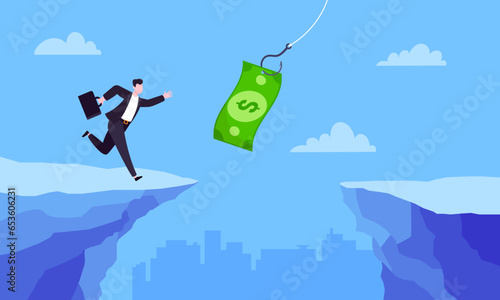 Fishing money chase business concept with businessman running after dangling dollar jumps over the cliff. Working hard and always busy in the loop routine flat style design vector illustration.