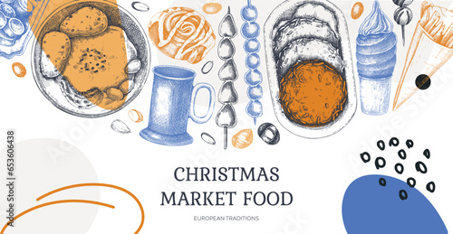 Collage style Christmas background. Traditional European Christmas market food design. Fast food menu. Vintage hand-drawn vector illustration. Mulled wine, raclette, grilled sausages, pastries sketche