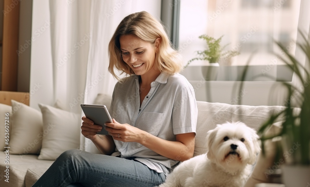 Happy middle-aged woman using laptop with her dog at cozy home. Happy middle-aged woman using laptop with her dog at cozy home.