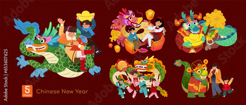 People and dragon CNY illustrations