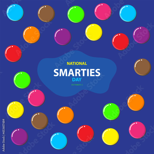 National Smarties Day on october 2, with some Smarties candy seeds scattered around vector illustration and text isolated on blue background for commemorate and celebrate National Smarties Day.