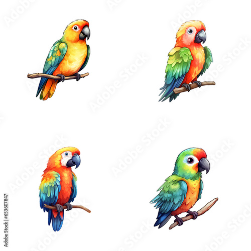 set of cute parrot watercolor illustrations for printing on baby clothes, sticker, postcards, baby showers, games and books, safari jungle animals vector © Anasvectorpng