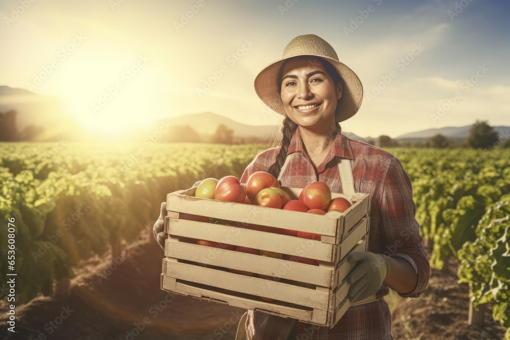 Smiling farmer hold box. Food harvest. Generate Ai