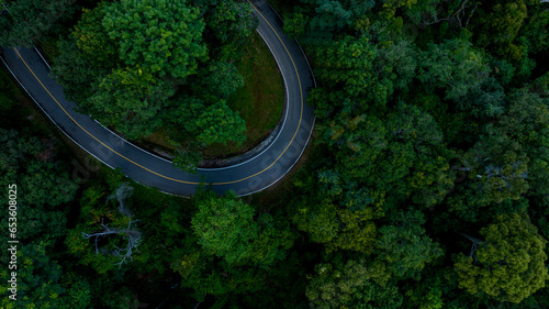 Aerial top view road in forest with car motion blur. Winding road through the forest. Car drive on the road between green forest. Ecosystem ecology healthy environment road trip.