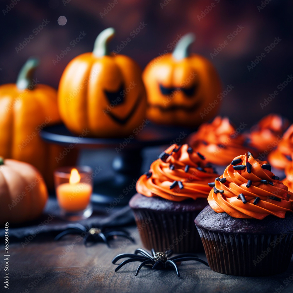 Halloween cupcake arrangement with pumpkins and candles background - ai generative Halloween cupcake arrangement with pumpkins and candles background - ai generative