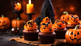 Halloween cupcake arrangement with pumpkins and candles background - ai generative