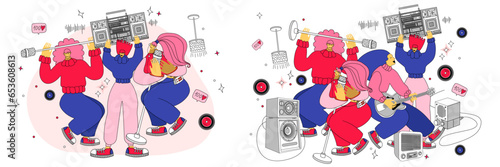 vector illustration with people dancing, singing and playing musical instruments. Music band vector illustration.