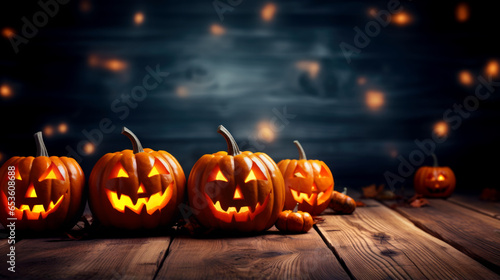 Halloween - Jack O' Lanterns - Candles And String Lights On Wooden Table. Generated by AI © millenius