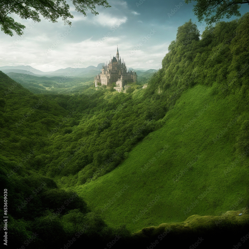 castle in the mountains, fantasy forest