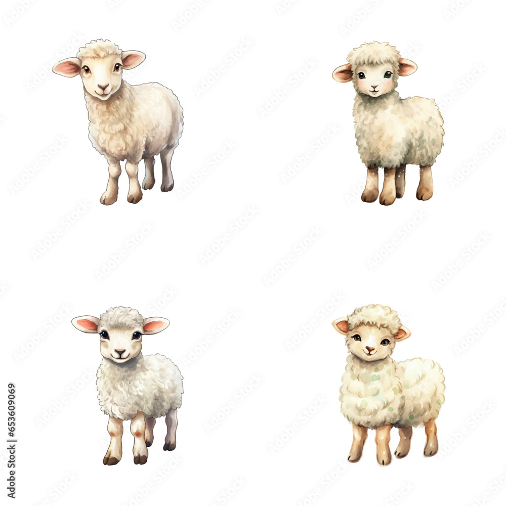 Fototapeta premium set of cute sheep watercolor illustrations for printing on baby clothes, sticker, postcards, baby showers, games and books, safari jungle animals vector