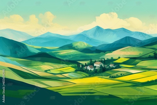 Rural landscape with layered parallax overlay and sunny summer day. Farm fields, pastures, meadows, and green slopes against mountain backdrop. Generative AI