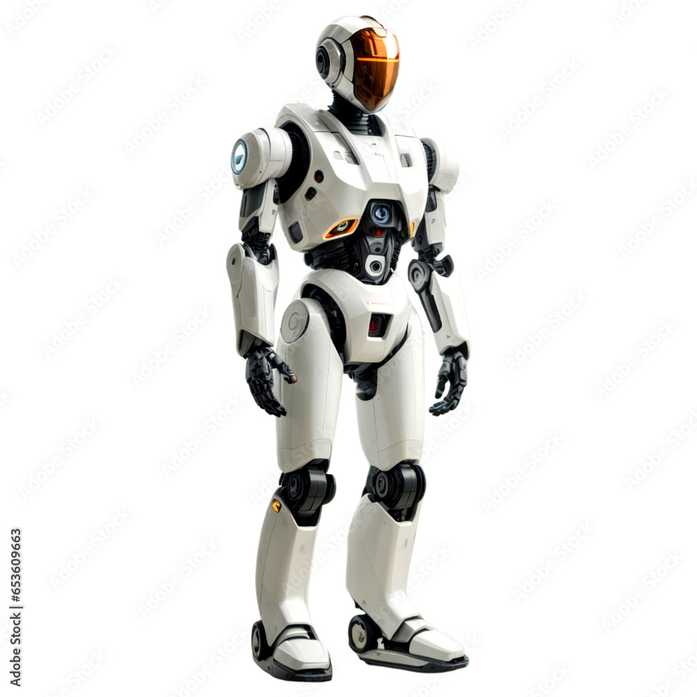 Futuristic Standing 3D Robot isolated on white, transparent background, full body, 