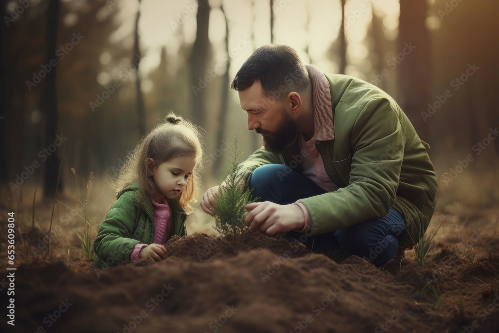 Father daughter planting tree. Child garden. Generate Ai