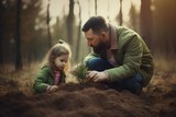Father daughter planting tree. Child garden. Generate Ai