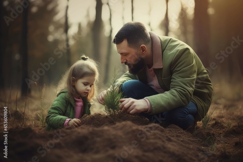 Father daughter planting tree. Child garden. Generate Ai © nsit0108