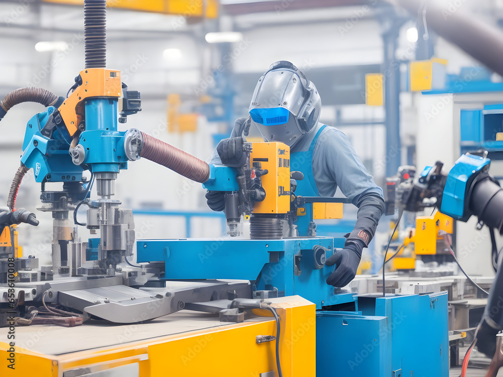 An engineer is overseeing and supervising the robotic welding arms in an automotive industrial factory, ensuring precision and control. The digital manufacturing operations in the background are blurr An engineer is overseeing and supervising the robotic welding arms in an automotive industrial factory, ensuring precision and control. The digital manufacturing operations in the background are blurr