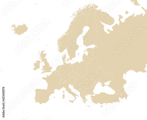 BEIGE CMYK color detailed flat stencil map of the continent of EUROPE (with country borders) on transparent background