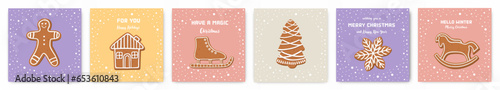 Christmas postcard collection. Greeting cards with gingerbread cookies. Xmas and New Year decor. Modern flat style. Vector.