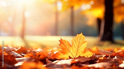 Autumn leaves on the sun and blurred trees . Fall background. Generated by AI