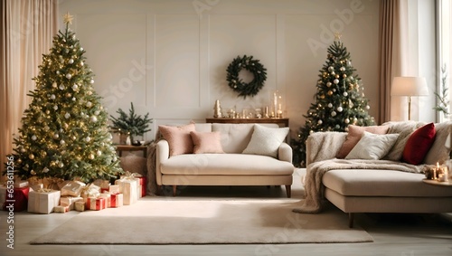 Large living room with decorated christmas tree and christmas gift, white style, festive, luxurious.