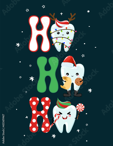 Merry Christmas - Tooth team characters in kawaii style. Hand drawn teeth with funny clothes. Good for school prevention poster, greeting card, banner, textile.