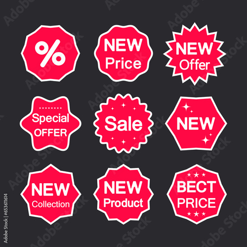 Collection of stickers, labels for promoting new products, prices, sales, advertising business concept.
