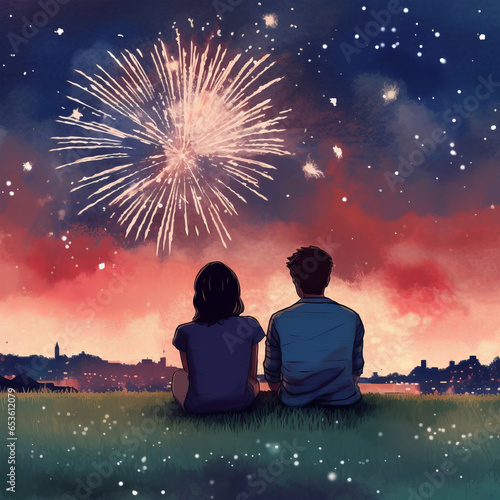 People looking fireworks in new year evening