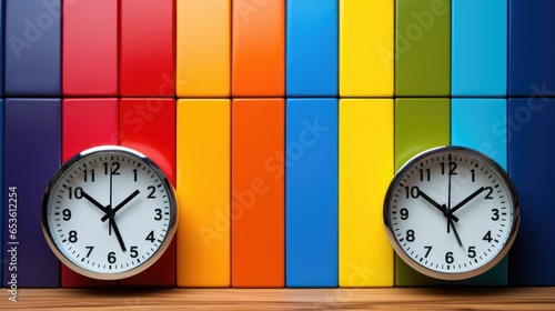 Two clocks on a wooden table with a rainbow background, AI photo