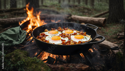 eggs and bacon are fried on a campfire