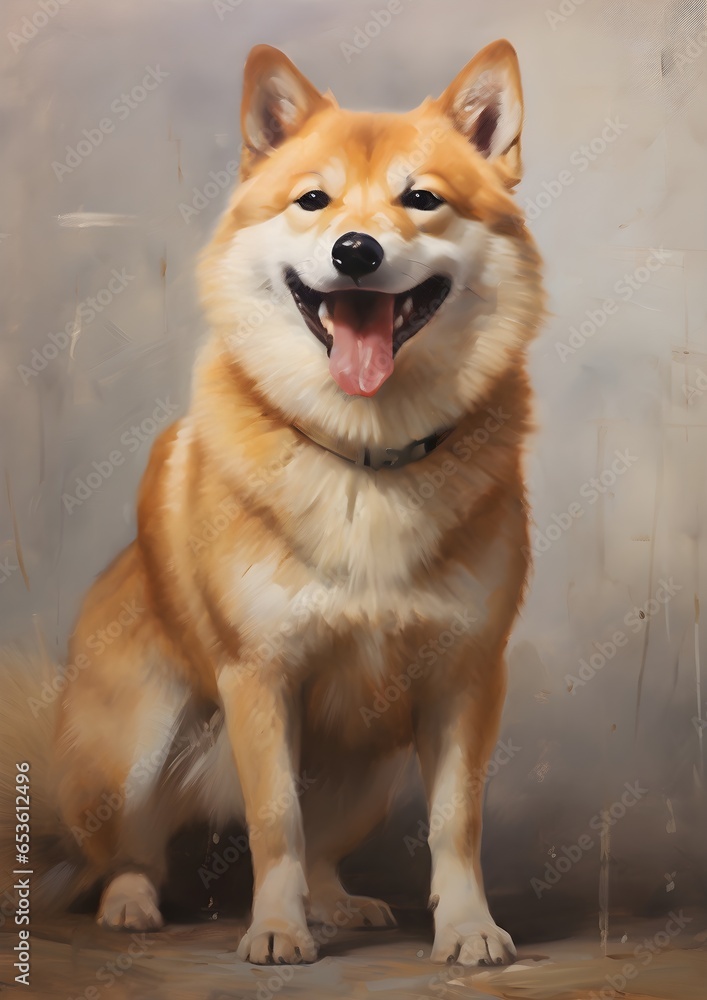An oil painting of a shiba inu dog, full body, showcasing their personality and sense of humor, sharp details and some thick brush strokes