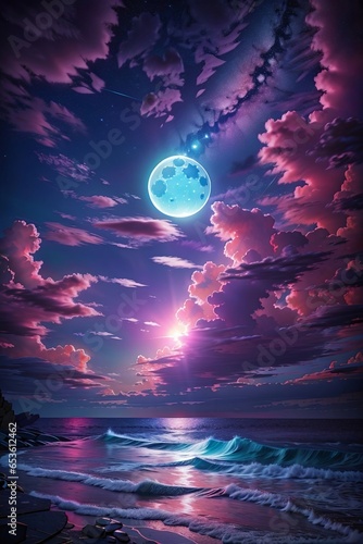 A Detailed Illustration Of Neon Light Art, In The Dark Of Night,  Moonlit Seas, Clouds, Moon, Stars, Colorful Detailed.
