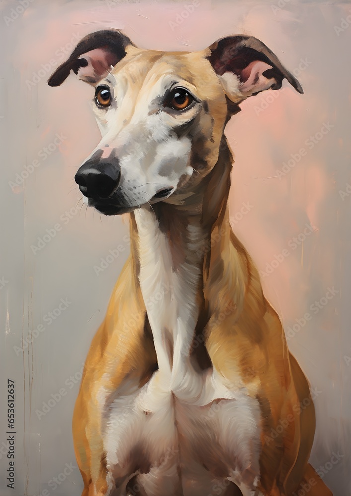 An oil painting portrait of Greyhound Dog, full body, with a playful or whimsical expression, showcasing their personality and sense of humor, sharp details and some thick brush strokes